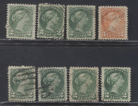 Lot 69 Canada #36, 36i, 36iv, 41 2c, 3c Green, Bright Vermilion Queen Victoria, 1870 - 1897 Small Queen Issues, 8 Very Fine Used Singles Montreal & Ottawa Printings In Various Shades