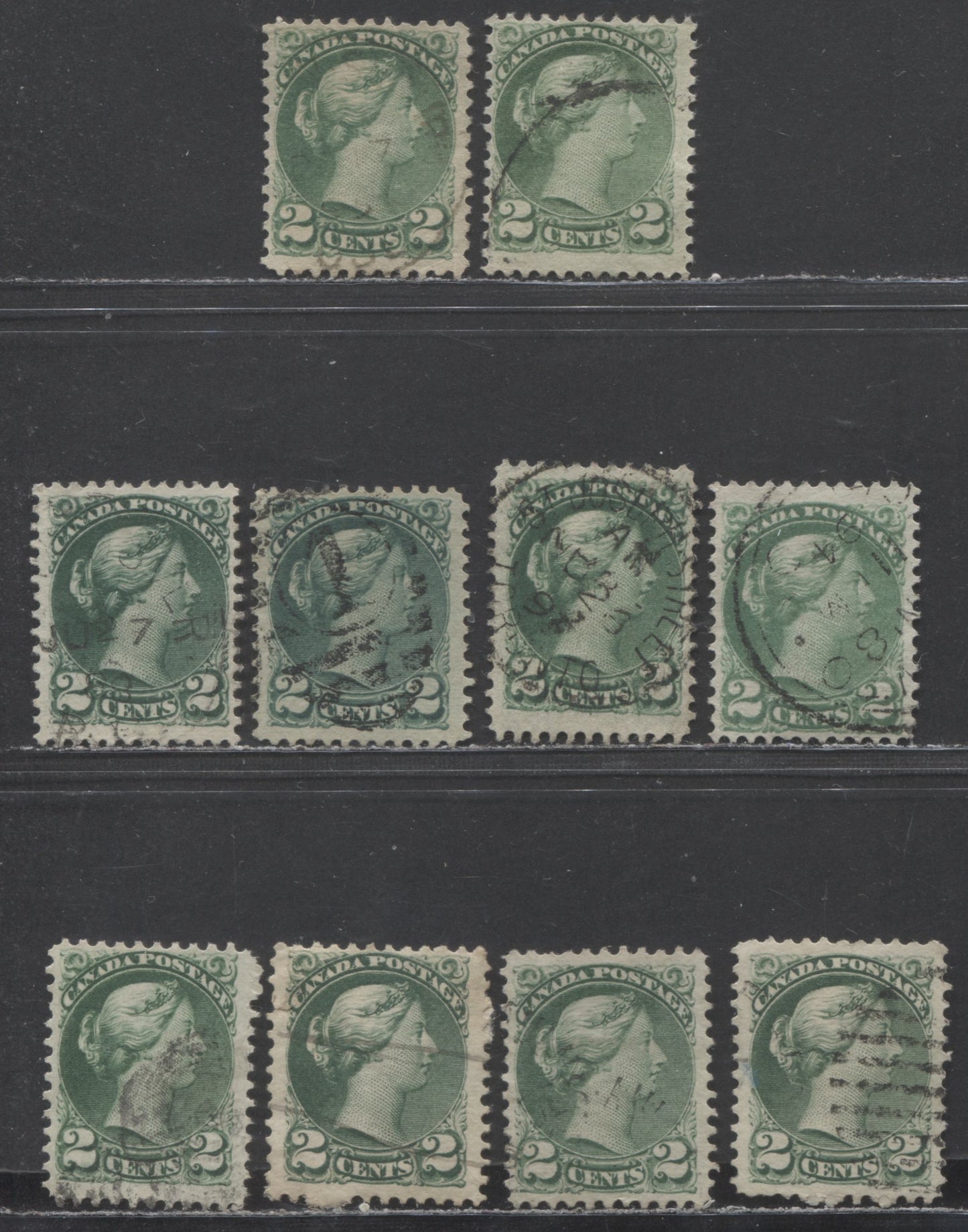 Lot 70 Canada #36, 36e, 36d, 36i, 36ii 2c Green Queen Victoria, 1870 - 1893 Small Queen Issue, 10 Fine Used Singles Montreal & Ottawa Printings In Various Shades