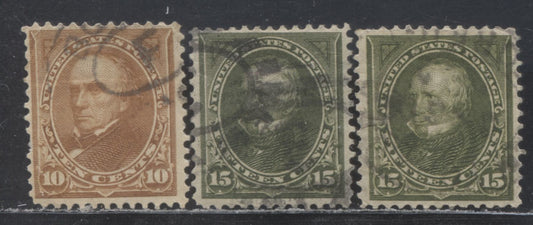 Lot 7 United States #283-284 10c-15c Brown & Olive Green Webster & Clat, 1897-1903 Bureau Issue, 3 Very Good/Fine Used Single With Two Shades Of Olive Green