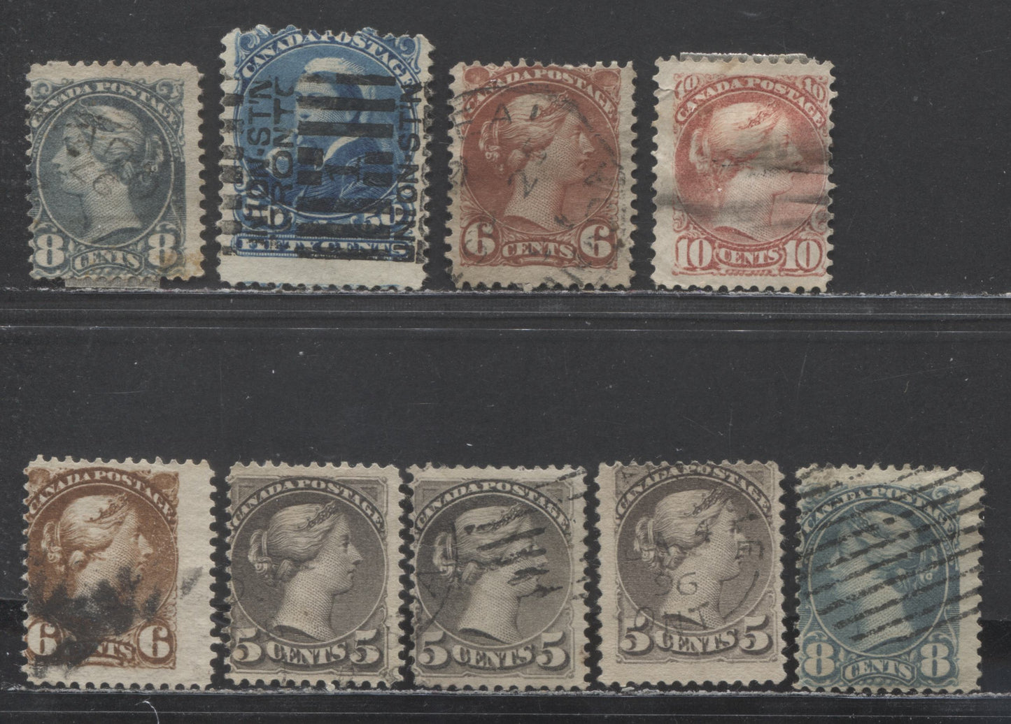 Lot 76 Canada #39d, 42, 43, 44a, 44b, 45, 47 5c,10c Brown, Deep Blue Queen Victoria, 1870 - 1897 Small Queen Issues, 9 G-VG Used Singles Ottawa Printings With Various Shades