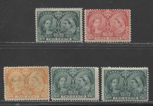 Lot 88 Canada #51i, 52, 52i, 53 1c, 2c, 3c Yellow Orange, Green, Deep Green, Bright Rose Queen Victoria, 1897 Diamond Jubilee Issue, 5 FOG Singles With 2 Shades of 52