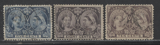 Lot 90 Canada #54,56,57 5c,8c,10c Deep Blue, Dark Violet, Brown Violet Queen Victoria, 1897 Diamond Jubilee Issue, 3 G - VG Used Singles 5c W/ Crease & Shallow Thin, 8c W/ Diagonal Crease, 10c W/ Shallow Thin