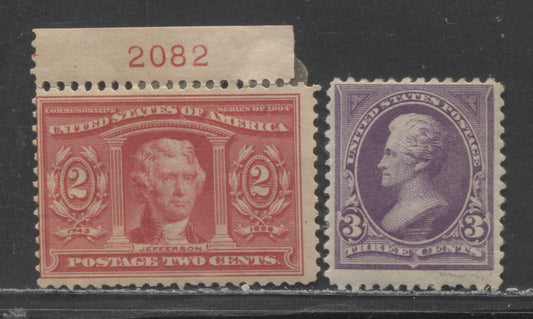 Lot 9 United States #268, 324 3c & 2c Purple & Carmine Jackson & Thomas Jefferson, 1895-1904 Bureau Banknote & Louisiana Purchase Issues, 2 Very Good/Fine OG Singles
