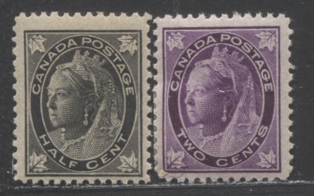 Lot 94 Canada #66, 68 1/2c, 2c Black, Purple, 1897 - 1898 Queen Victoria Maple Leaf Issue, 2 FOG Singles On Vertical Wove Paper