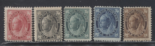 Lot 95 Canada #66-67, 69-71 1/2c-1c, 3c-6c Black-Blue Green, Carmine-Brown, 1897 - 1898 Queen Victoria Maple Leaf Issue, 5 Fine Unused Singles All Mint, No Gum