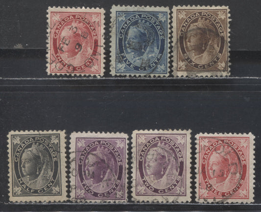Lot 96 Canada #66,68-71 1/2c, 2c-6c Black, Purple-Brown, 1897 - 1898 Queen Victoria Maple Leaf Issue, 7 Fine Used Singles Different Shades, Horizontal & Vertical Wove Papers