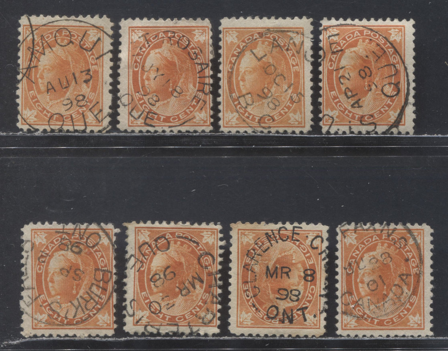 Lot 98 Canada #72 8c Orange, 1897 - 1898 Queen Victoria Maple Leaf Issue, 8 Fine Used Singles Showing Different Shades On Horizontal & Vertical Wove Papers All With Small Town CDS Cancels