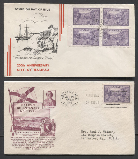 Lot 36 Canada #283 4c Purple Founding Of Halifax 1949 Halifax Bicentenary, 2 Unknown F & Fulton Cachets FDC's Franked With Singles & Blocks, Addressed & Unaddressed, Cat. Value $9