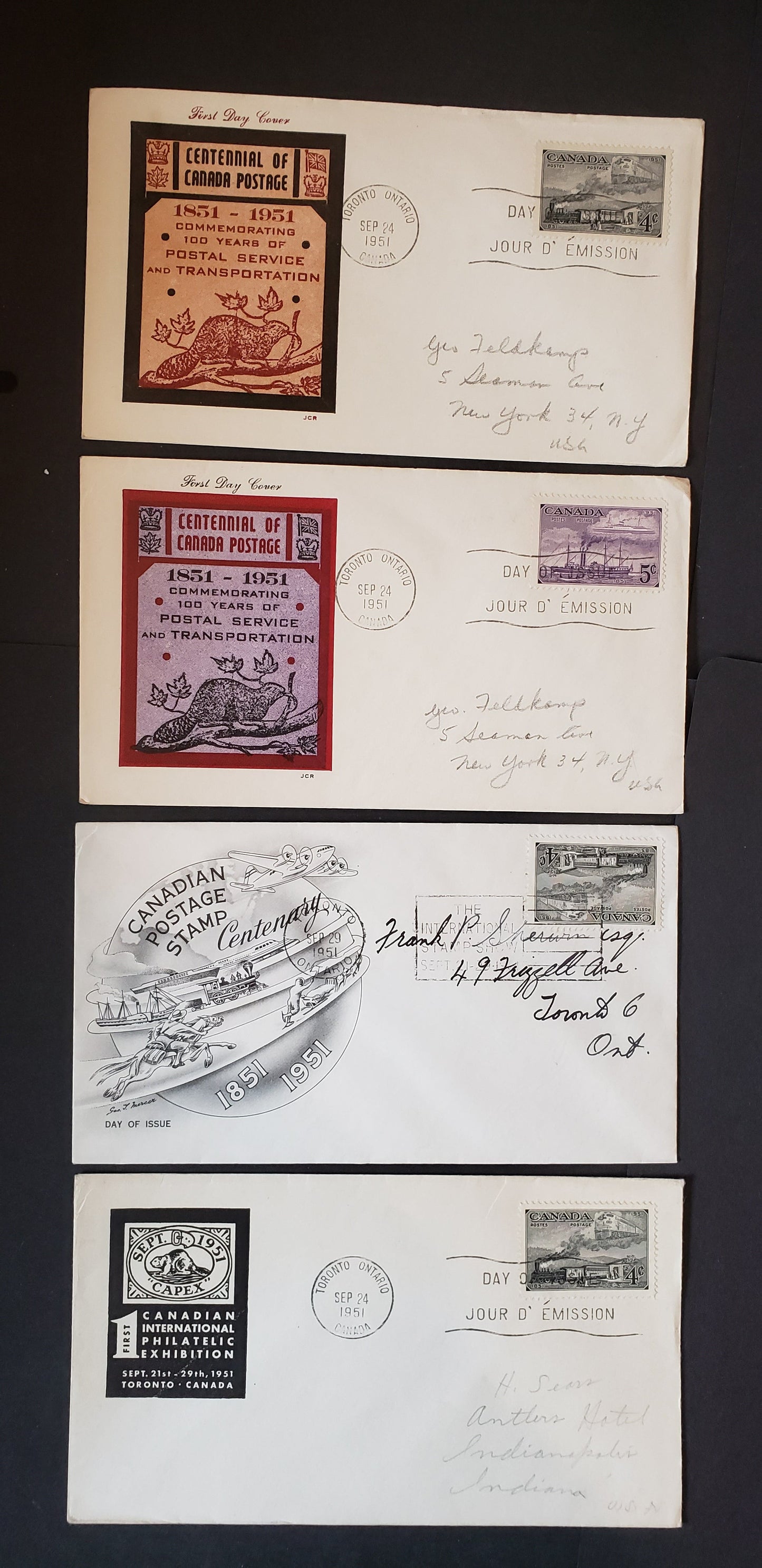 Lot 152 Canada #311-312 4c & 5c Dark Gray & Purple Trains Of 1851-Steamships Of 1851 1951 Stamp Centenary, 4 Mercer, JCR B&C, Rolf & Clark B Cachets FDC's Franked With Singles, Mostly Addressed In Pencil, Cat. Value $22