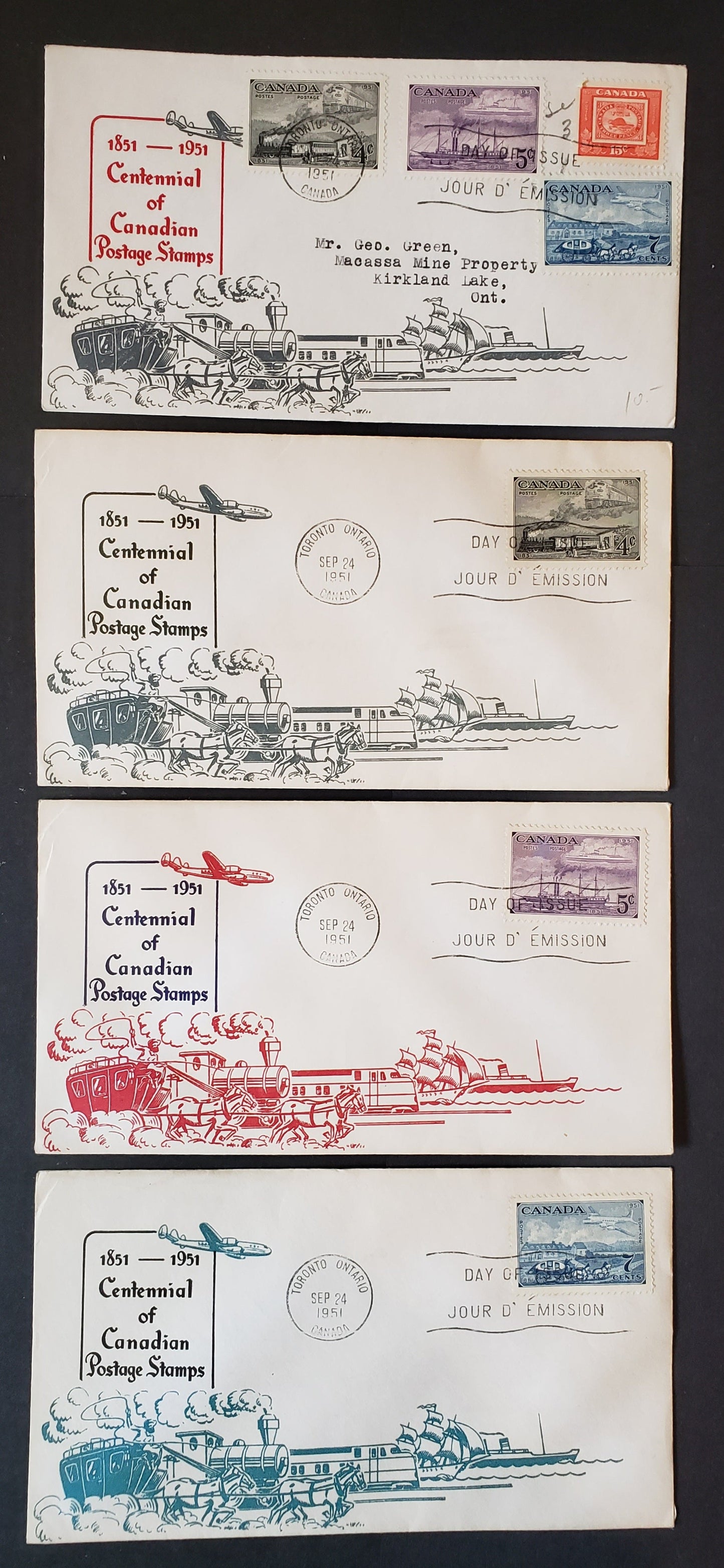 Lot 154 Canada #311-314 4c-15c Dark Gray-Bright Red Trains Of 1851- Three Penny Beaver 1951 Commemoratives, 4 Jacobi B&C And Unlisted Cachets FDC's Franked With Combination Singles, All Unaddressed, Cat. Value $25