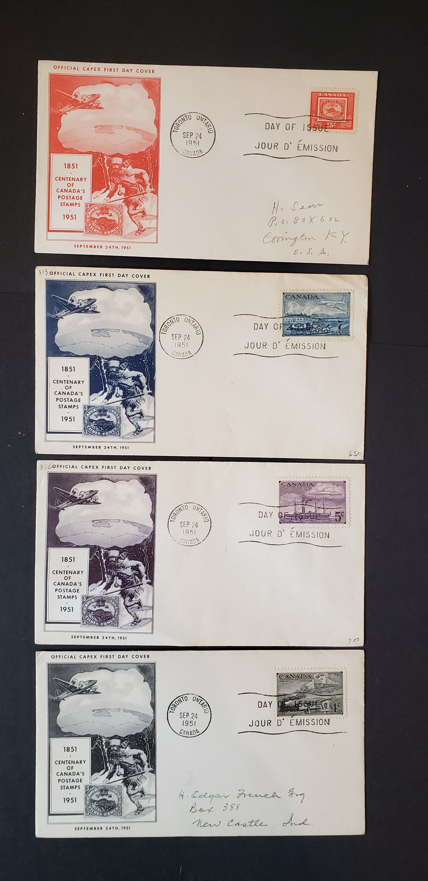 Lot 157 Canada #311-314 4c-15c Dark Gray-Bright Red Trains Of 1851- Three Penny Beaver 1951 Commemoratives, 4 CAPEX Cachets FDC's Franked With Singles, Unaddressed Or Addressed Lightly In Pencil, Cat. Value $20