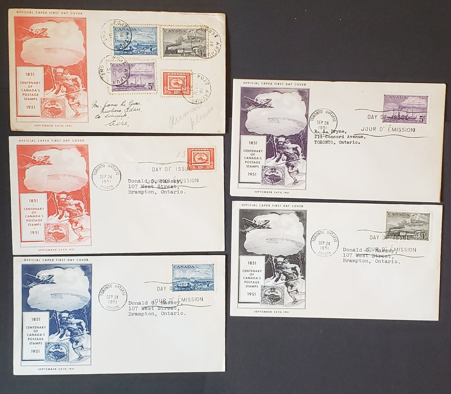 Lot 158 Canada #311-314 4c-15c Dark Gray-Bright Red Trains Of 1851- Three Penny Beaver 1951 Commemoratives, 5 CAPEX Cachets FDC's Franked With Singles, As Lot $157, But Addressed, Includes A Combination Cover, Cat. Value $30