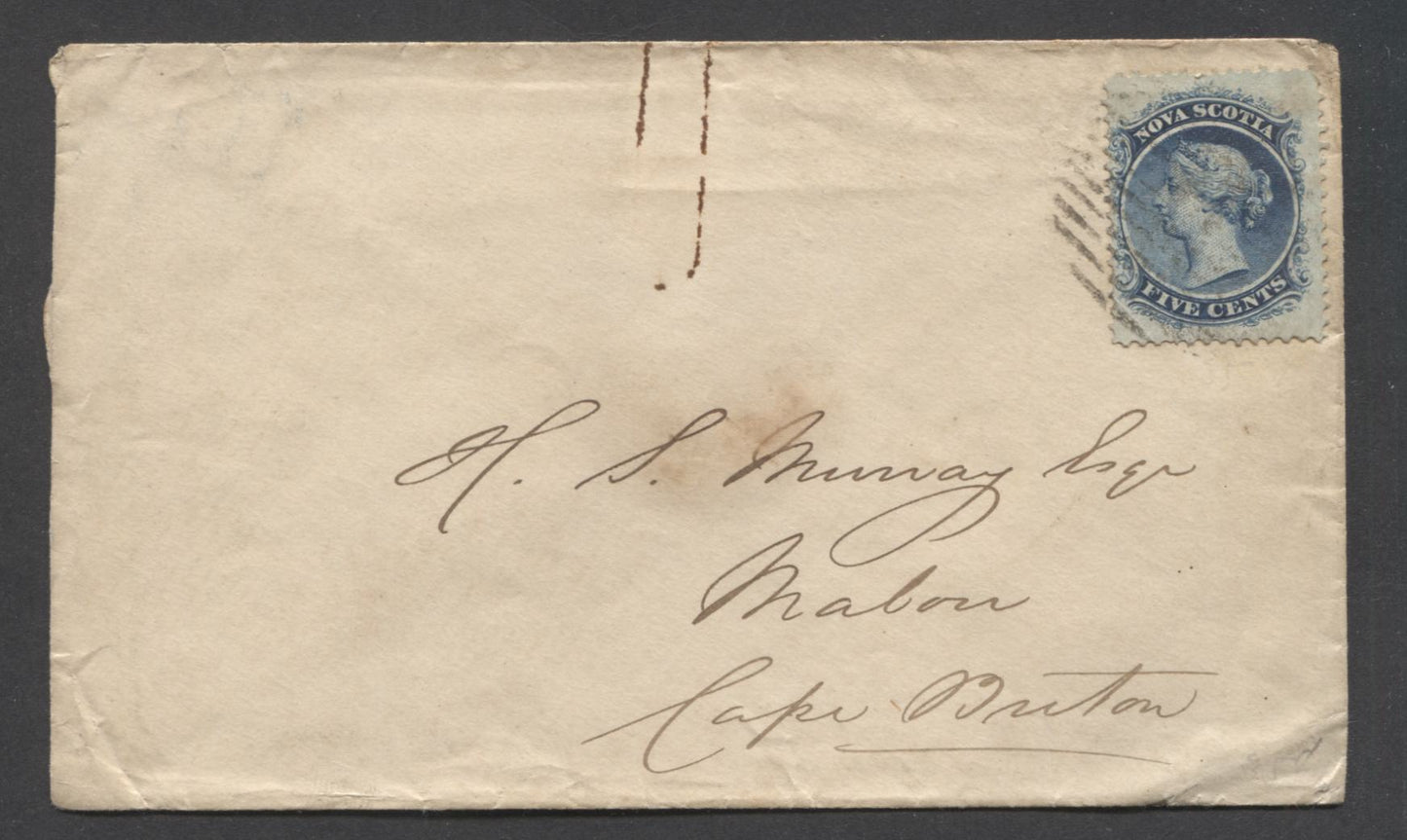 Lot 18 Nova Scotia #10 5c Blue on White Paper, 1860-1867 Cents Issue, Single Usage on 1866 Letter From Halifax to Cape Breton, Cat. $50