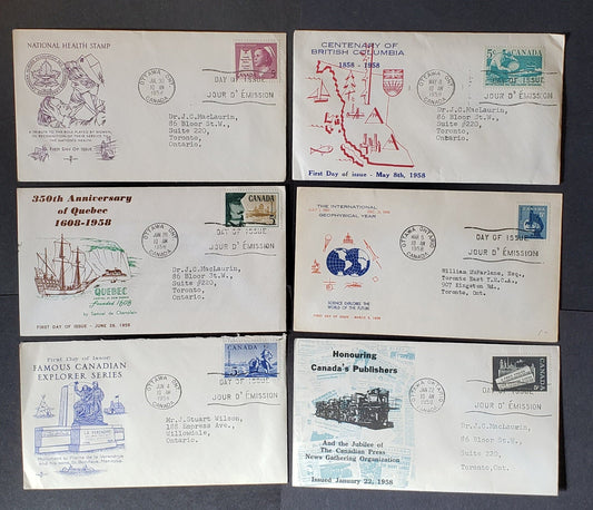 Lot 39 Canada #375-380 5c Black-Rose Lilac A Free Press-Nurse 1958 Commemoratives, 6 Personal & Rosecraft Cachets FDC's Franked With Singles, All Addressed, Cat. Value $18