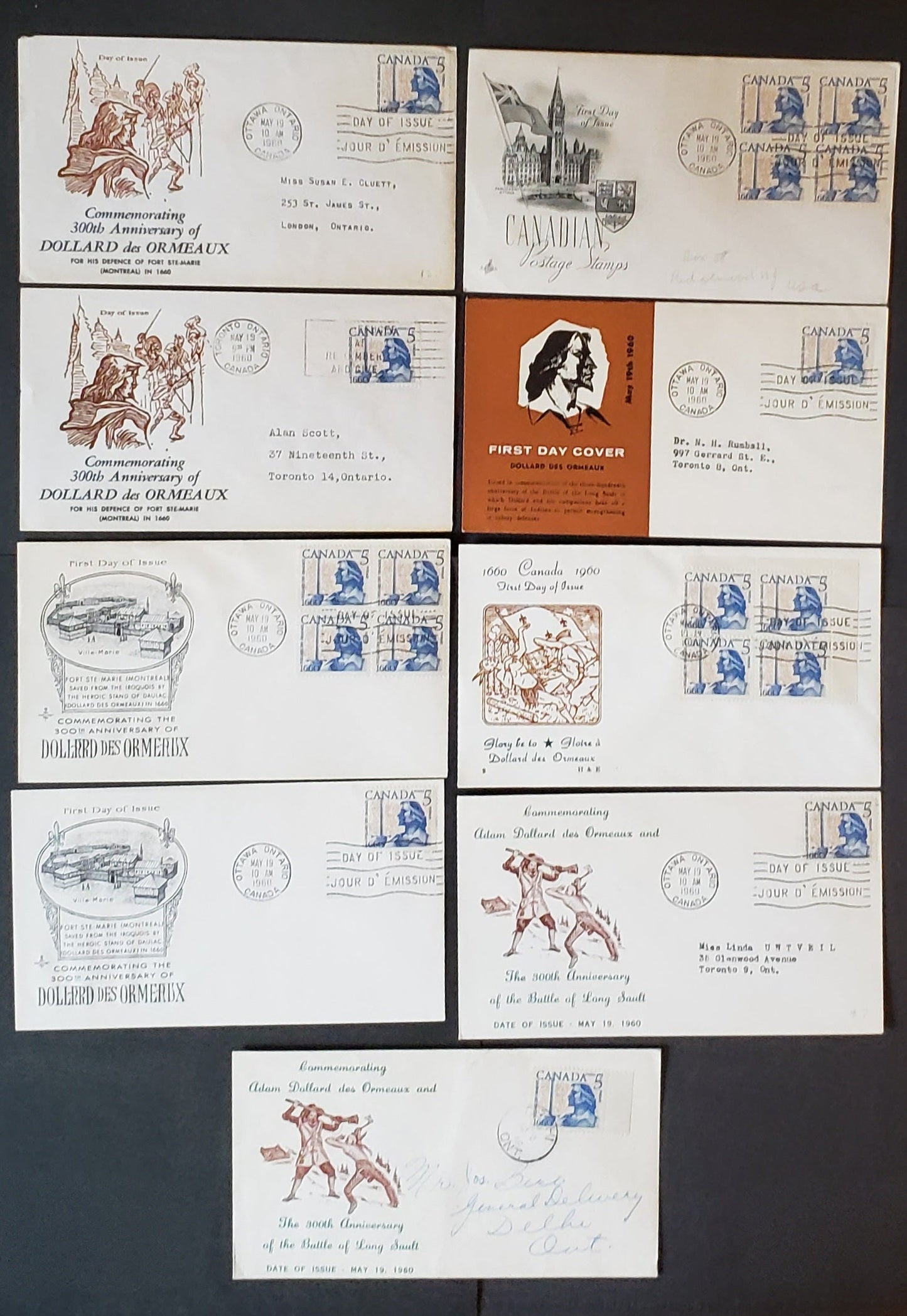 Lot 221 Canada #390 5c Ultramarine & Bistre Brown Dollard des Ormeaux 1960 Battle Of Long Sault, 9 Rosecraft, Artcraft A, Schering, Personal, H&E C & Unlisted Thermographed Cachets FDC's Franked With Singles & Blocks Of 4, Most Addressed, Cat. Value $20