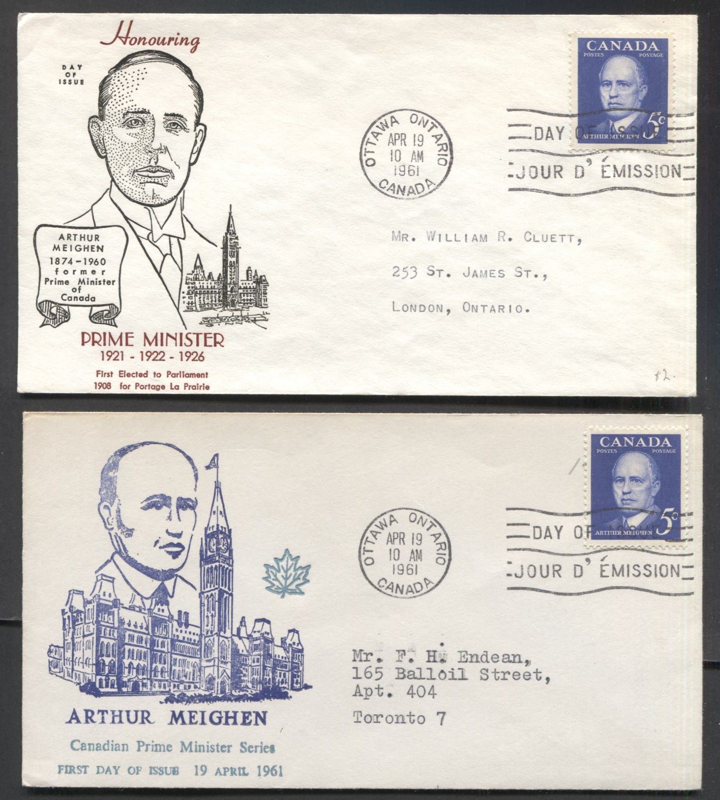 Canada #393 5c Ultramarine Arthur Meighen 1961 Prime Minister, 2 ARC & Ginn Cachets FDC's Franked With Singles, All Addressed, Cat. Value $15