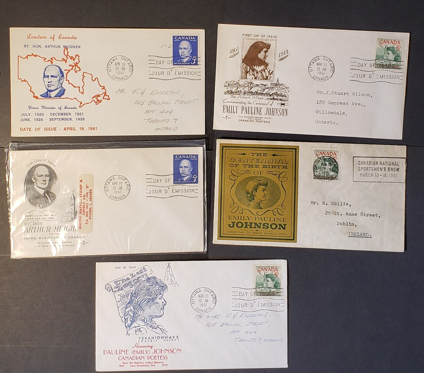 Canada #392-393 5c Green & Red-Ultramarine Pauline Johnson & Arthur Meighen 1961 Pauline Johnson & Prime Minister, 5 Rosecraft, Personal, Caneco & Ginn Cachets FDC's Franked With Singles, All Addressed, Cat. Value $15