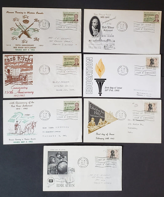 Canada #396-397 5c Black & Light Red Brown - Light Green & Violet Brown Students-Lord Selkirk 1962 Commemoratives, 7 Caneco, Rosecraft, Unknown A-C Cachets FDC's Franked With Singles, Mostly Addressed, Cat. Value $24