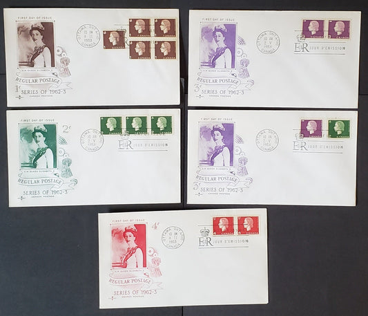 Lot 40 Canada #401-404 1c-4c Brown-Carmine Queen Elizabeth II 1962-1963 Cameo Issue, 5 Rosecraft A-D Cachets FDC's Franked With Singles, Pairs, Strips Of 3 & Block Of 4, Unaddressed, Cat. Value $15