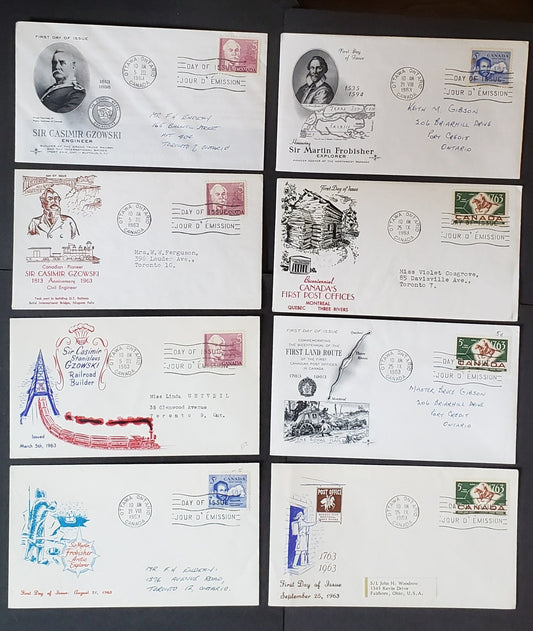 Lot 40 Canada #410, 412-413 5c Rose Lilac-Green & Red Brown Casimir Gzowski-Postrider & Map 1963 Commemoratives, 8 Personal, Rosecraft, Ginn & Unknown B Cachets FDC's Franked With Singles, All Addressed, Cat. Value $27