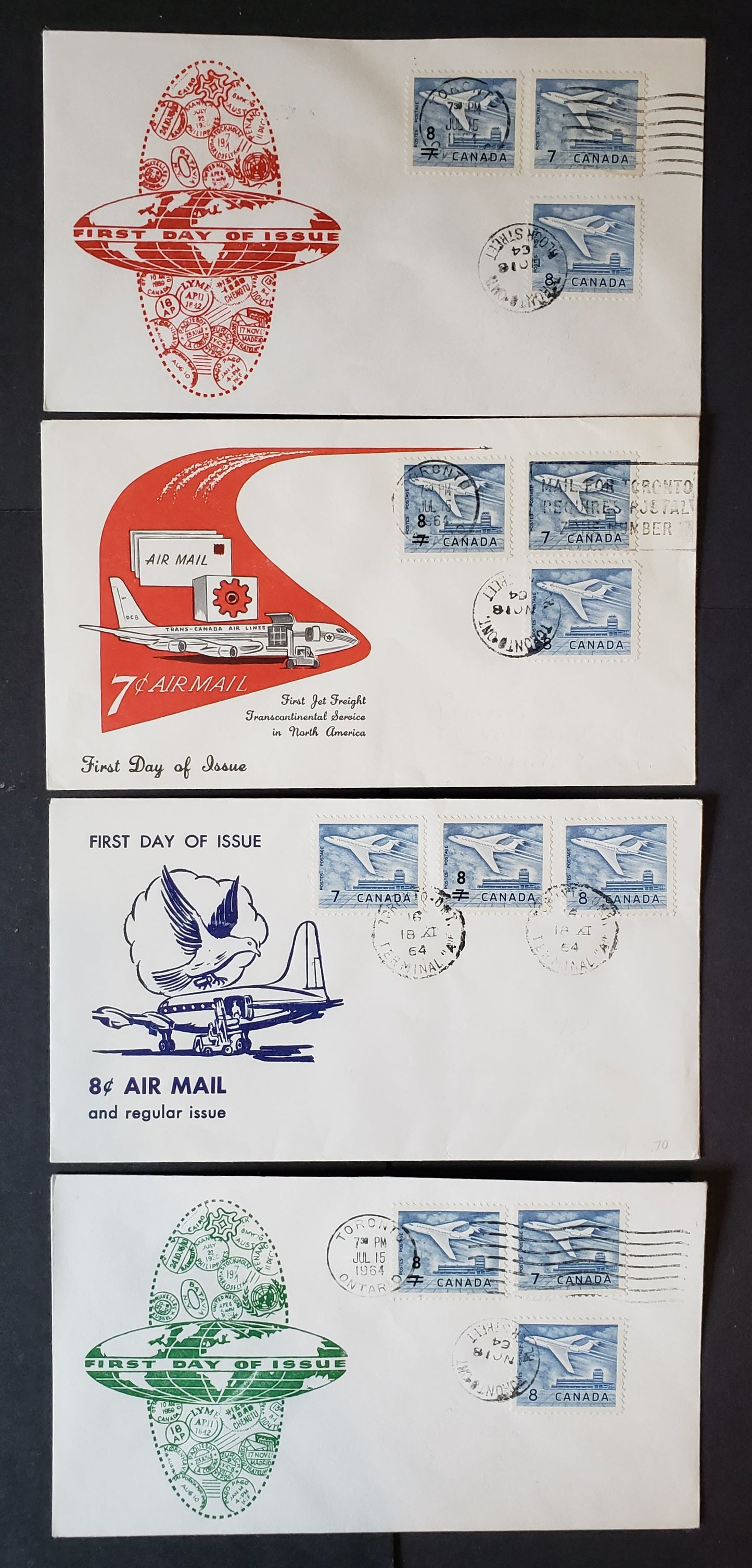 Lot 41 Canada #414, 430, 436 7c, 8c on 7c & 8c Blue Jet Plane 1964 Definitive & Surcharge Issues, 4 ARC General Purpose Cachets FDC's Franked With Singles, All Unaddressed, Cat. Value $29
