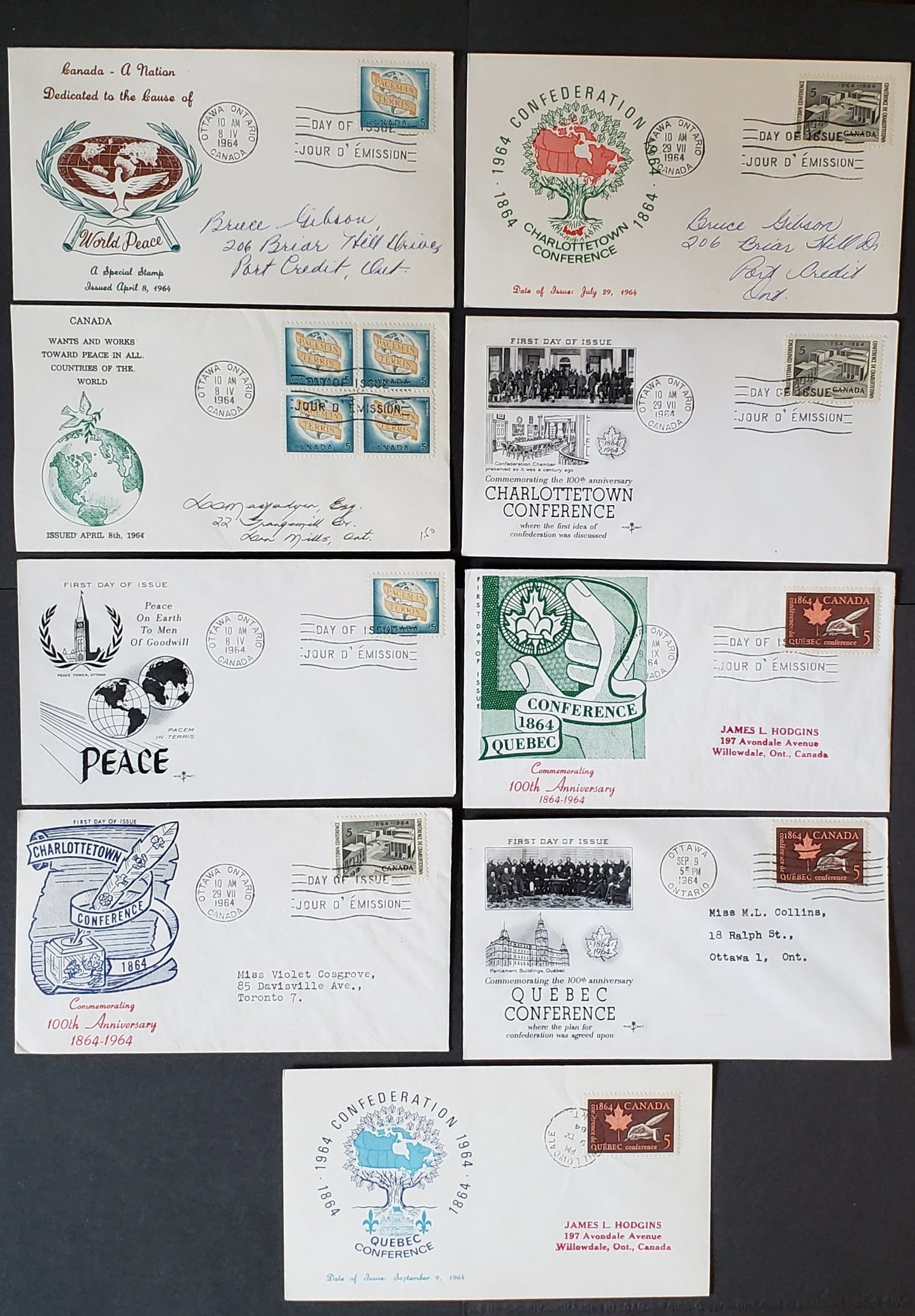 Canada #431-432, 436 5c Greenish Blue-Dark Brown & Rose Pacem In Terris - Quill & Maple Leaf 1964 Commemoratives, 9 Personal, Rosecraft, Ginn & Grover Lithographed A Cachets FDC's Franked With Singles & Block Of 4, Most Addressed, Cat. Value $34