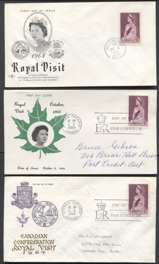 Canada #433 5c Claret Queen Elizabeth II 1964 Royal Visit, 3 Rosecraft, Personal & Ginn Cachets FDC's Franked With Singles, Addressed & Unaddressed, Cat. Value $11