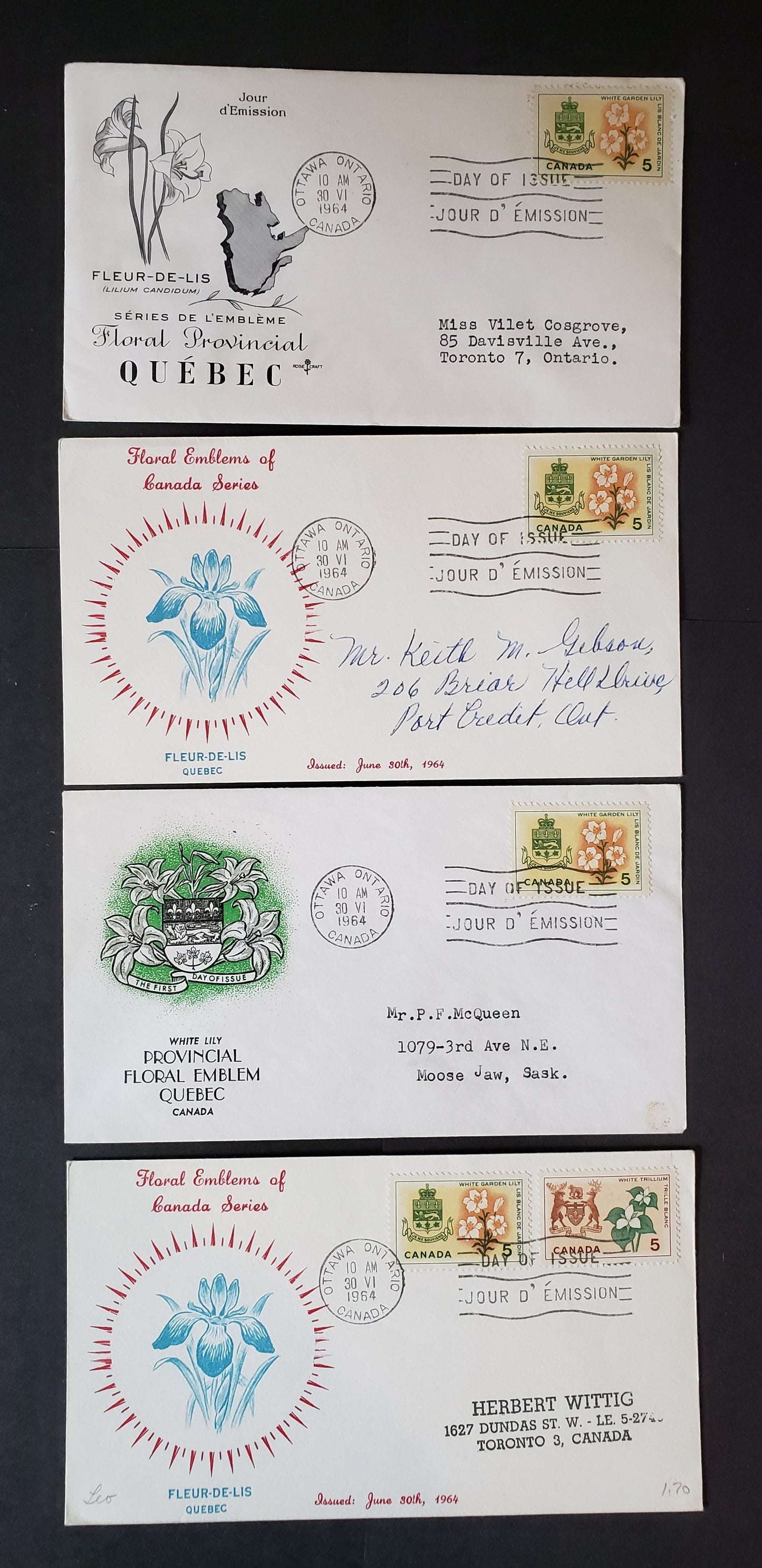 Canada #418-419 5c Multicolored Ontario-Quebec 1964 Floral Emblems, 4 Personal, Rosecraft & Ginn Cachet FDC's Franked With Singles, Addressed, Cat. Value $15