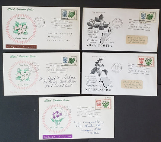 Canada #420-421 5c Multicolored Nova Scotia-New Brunswick 1964 Floral Emblems, 5 Personal B, Rosecraft, Personal A Cachets FDC's Franked With Singles, All Addressed, Cat. Value $17