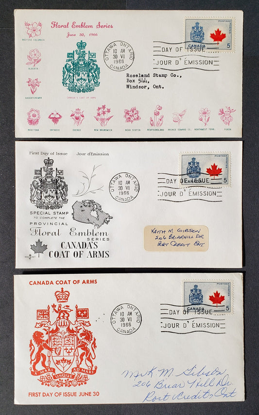 Canada #429A 5c Multicolored Canada 1964 Floral Emblems, 3 Rosecraft, Bickerstaff & Personal Cachets FDC's Franked With Singles, All Addressed, Cat. Value $13