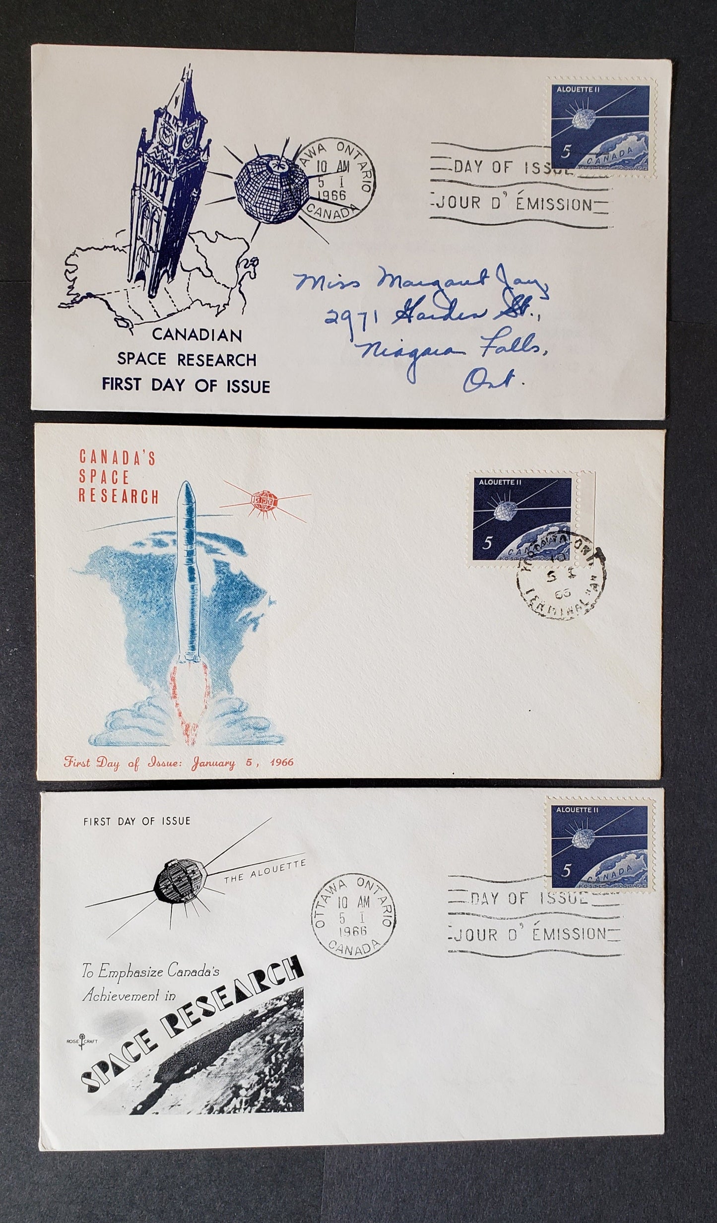 Canada #445 5c Dark Violet Blue Satellite Over Canada 1966 Alouette II, 3 ARC, Personal & Rosecraft Cachets FDC's Franked With Singles, All Addressed Except Rosecraft, Cat. Value $16