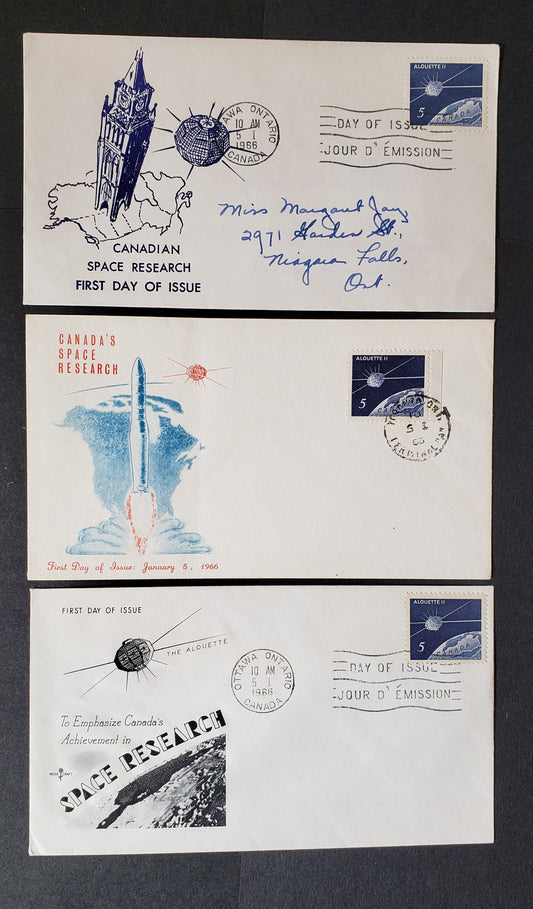 Canada #445 5c Dark Violet Blue Satellite Over Canada 1966 Alouette II, 3 ARC, Personal & Rosecraft Cachets FDC's Franked With Singles, All Addressed Except Rosecraft, Cat. Value $16