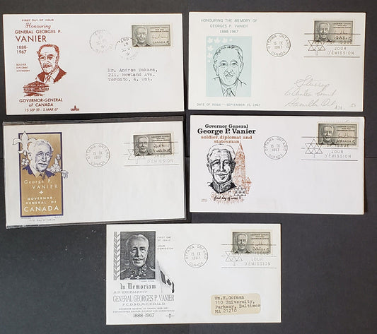 Canada #474 5c Black Governor-General Vanier 1967 Commemorative, 5 Capital, Cole, Jackson, Unknown A & Rosecraft Cachets FDC's Franked With Singles, Addressed, Cat. Value $17