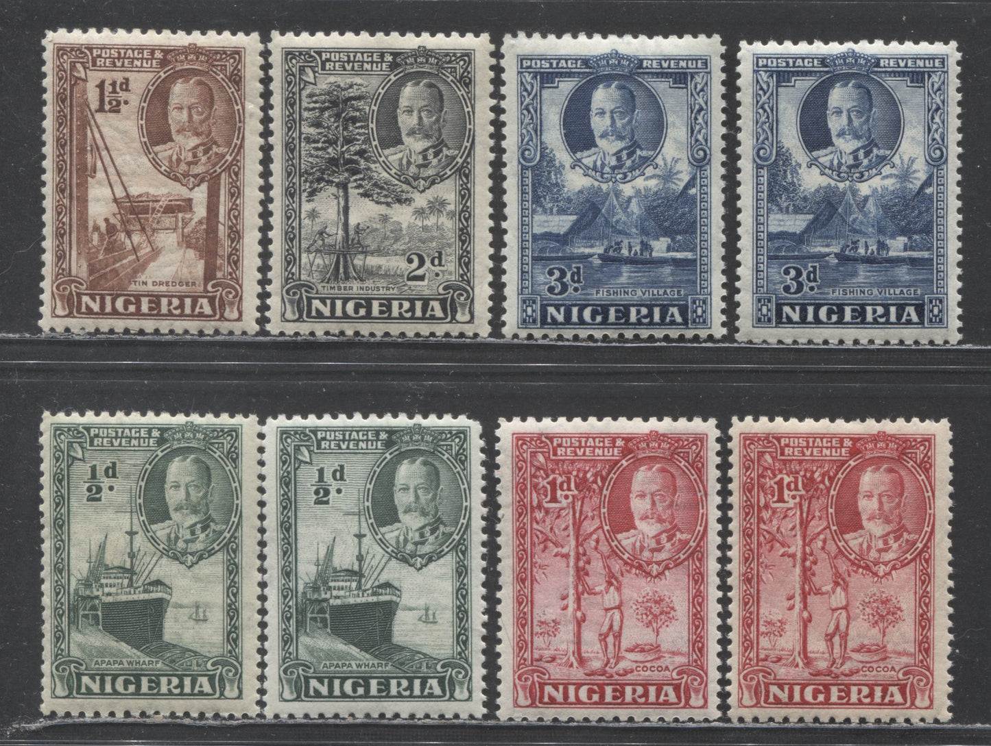 Nigeria SC# 38-42 (SG#34-38) 1/2d - 3d 1936 Pictoral Issue, With Additional Shades Of 1/2d, 1d & 3d,  8 F/VF NH Singles, Click on Listing to See ALL Pictures, Estimated Value $16 USD