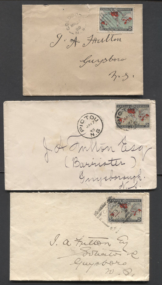 Lot 66 Canada #85i, 86b 2c Mercator’s Projection, 1898 Imperial Penny Postage, Three Covers to Guysboro, NS With Grey and Deep Blue Oceans, Weak Cable at UR, Fine, Cat. $95