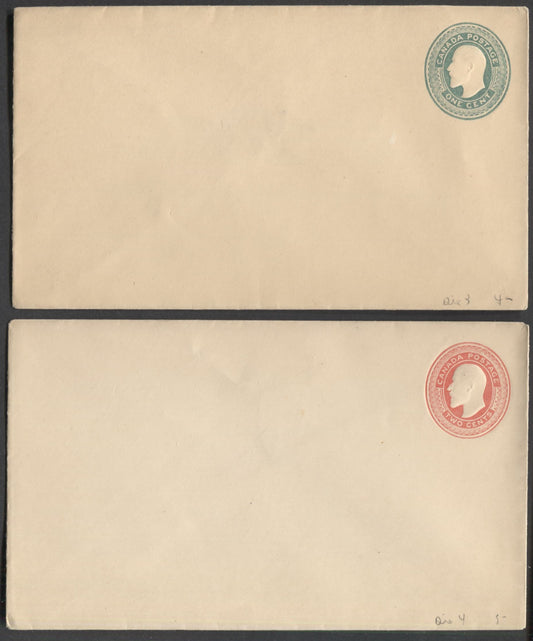 Lot 68 Canada #U15b, U16c 1c Green and 2c Red 1905 King Edward VII Issue, Two Mint Embossed Envelopes, 1c Die 3 and 2c Die 4, Cat. $5