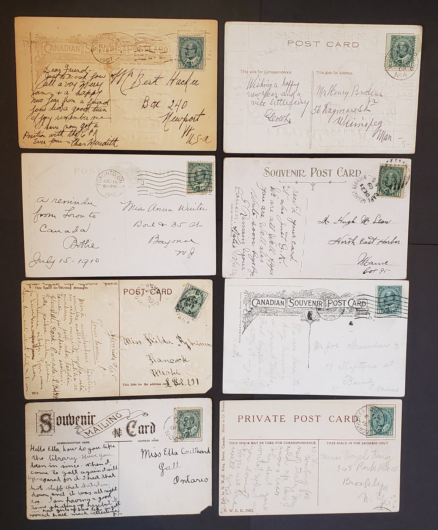 Lot 69 Canada #89-89iii 1c Green King Edward VII, 1903-1911 King Edward VII Issue, 8 Postcards franked With 1c Stamps, Sent Domestically and to US, Variety of Shades, VF-VF, Variety of Subjects, Cat. $40, Est. $30