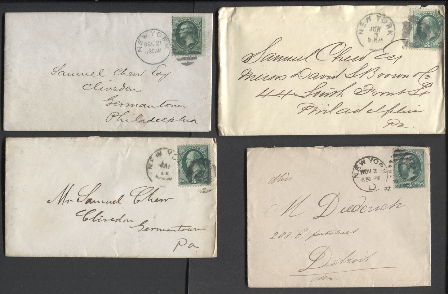 Lot 7 United States  #136, 158, 207 3c Green Washington, 1870-71 Grilled Banknote, 1873-1881 Continental Banknote and 1881-1882 ABN Banknote Issue Covers, Net Est. $20