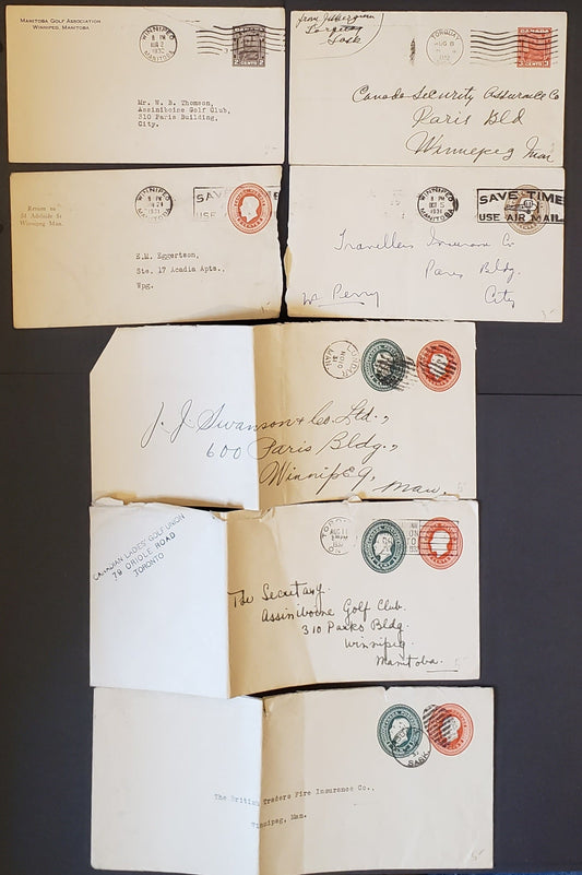 Lot 82 Canada #U28, U29, U41a, U43, U44 1c Green + 2c Red, 2c Red, 2c Brown and 3c Red King George V 1931-1932 Postal Stationery Envelopes, All Used, Generally Fine, Cat. $37.50