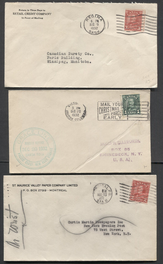 Lot 84 Canada #179, 181, 183, 1c Deep green – 3c Scarlet King George V, 1930-1931 Arch Issue, Single Usages of Coil Stamps on 3 Covers to Winnipeg  and New York, F-VF, Cat. $32, Net Est. $20
