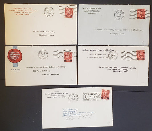 Lot 85 Canada #191 3c on 2c Scarlet King George V, 1930-1931 Arch Issue, Single Usages of the Provisional Surcharge on 5 Different Business Corner Card Covers to Winnipeg, VF, Est. $15