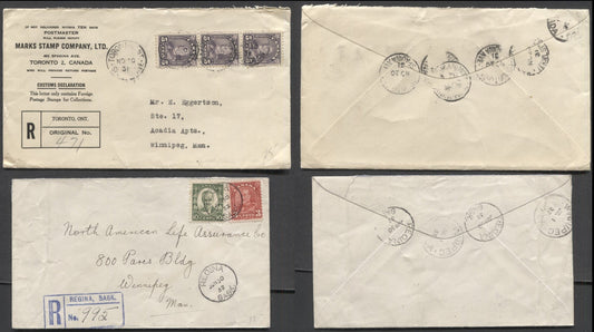 Lot 86  Canada #167, 168a, 190 3c Scarlet, 5c Violet and 10c Olive Green, 1930-1935 Arch issue, Combination Usage on Two Registered Covers to Winnipeg, Very Fine, Net Est. $25