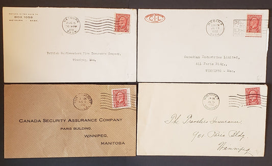Lot 87 Canada #192 3c Scarlet King George V, 1932 Ottawa Conference Issue, Single Use on 4 Covers to Winnipeg, 3 with Business Corner Cards, Including CIL, Very Fine, Net est. $10