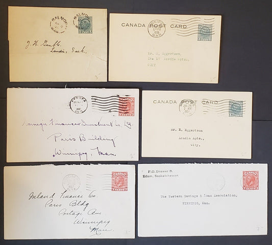 Lot 88 Canada #U48, PB26, UX62b 1c Green & 3c Red King George V, 1932-1935 Medallion Issue, A selection of Used Post cards, Post Band and 3 Envelopes, Fine to VF, Cat. $4.50 in 2009