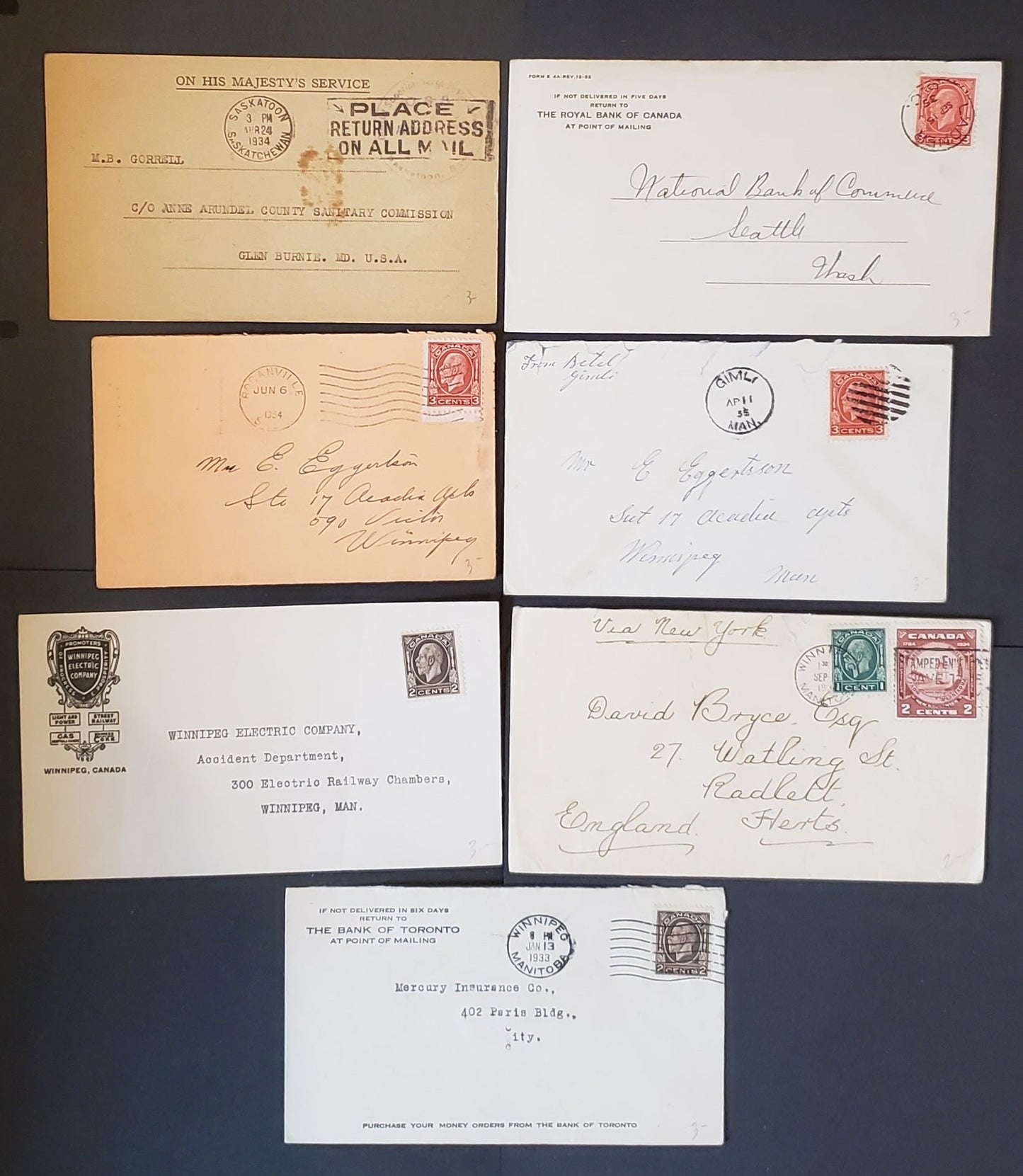 Lot 89 Canada #195, 196, 197-197c, 210i 1c Green, 2c Brown, 2c Red Brown and 3c Scarlet, 1932-1935 Medallion Issue and 1934 NB Issue, Group of 6 Covers and One OHMS Card, Corner Cards and Smaller Town Cancels, F-VF, Est. $17