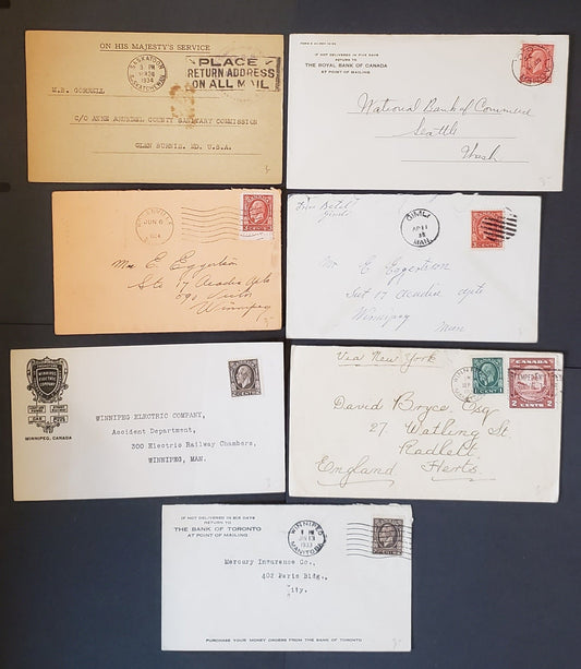 Lot 89 Canada #195, 196, 197-197c, 210i 1c Green, 2c Brown, 2c Red Brown and 3c Scarlet, 1932-1935 Medallion Issue and 1934 NB Issue, Group of 6 Covers and One OHMS Card, Corner Cards and Smaller Town Cancels, F-VF, Est. $17