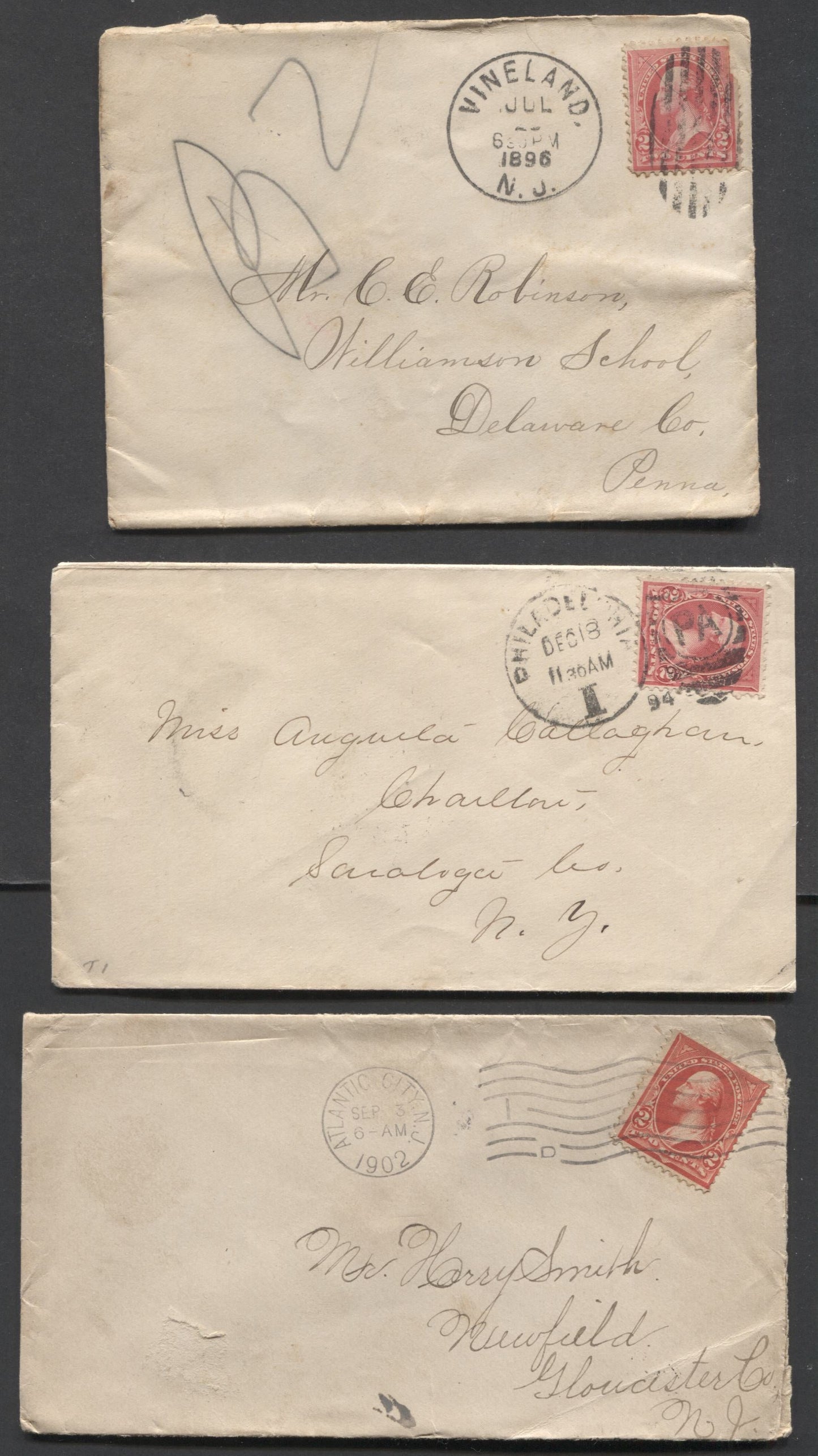 Lot 9 United States  #250a, 250, 267, 279B, 300, 319Fj 1894-1908 1c Green Franklin and 2c Carmine Rose/red Washington Bureau Banknotes, Group of 7 Covers, Different Types, Cat. $12.90 USD
