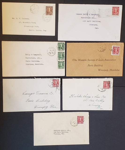 Lot 91 Canada #217-219 1c Green – 3c carmine King George V, 1935-1937 Dated Die Issue, Usage on 7 Commercial Covers to Winnipeg and UK, All With Business Addressed or From Smaller Towns, Very Fine, Est. $7