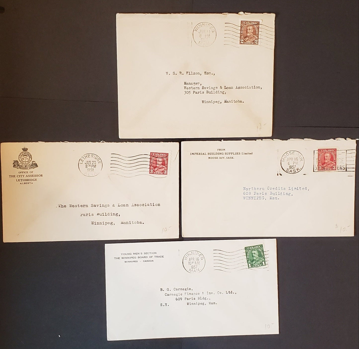 Lot 92 Canada #228-230 1c Green – 3c carmine King George V, 1935-1937 Dated Die Issue, Single Usage of Coil Stamps on 4 Covers Sent to or Within Winnipeg. F-VF, Cat. $42.