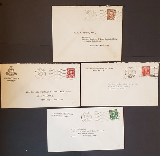 Lot 92 Canada #228-230 1c Green – 3c carmine King George V, 1935-1937 Dated Die Issue, Single Usage of Coil Stamps on 4 Covers Sent to or Within Winnipeg. F-VF, Cat. $42.